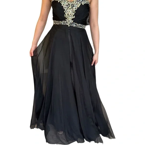 ✨Host Pick✨ BLACK CHIFFON PROM FORMAL EVENING GOWN WITH RHINESTONE ACCENTS 4 - Picture 9 of 16
